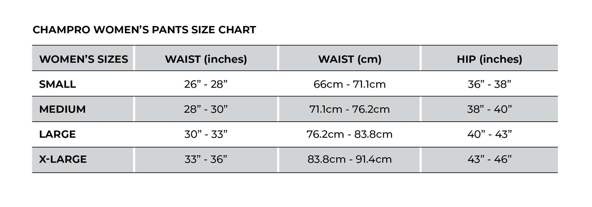 Women's softball pants size chart best sale