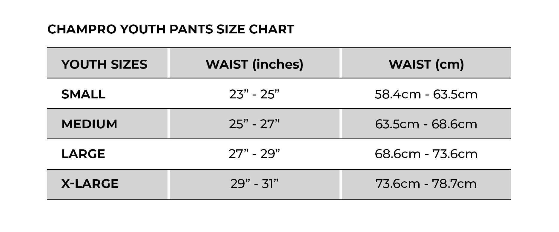 youth baseball pants size chart
